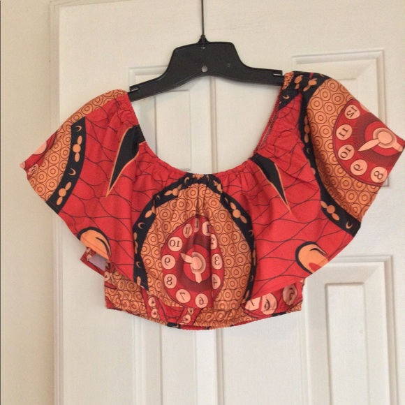 None Tops - Orange Ethnic Print Flounce Crop Top
